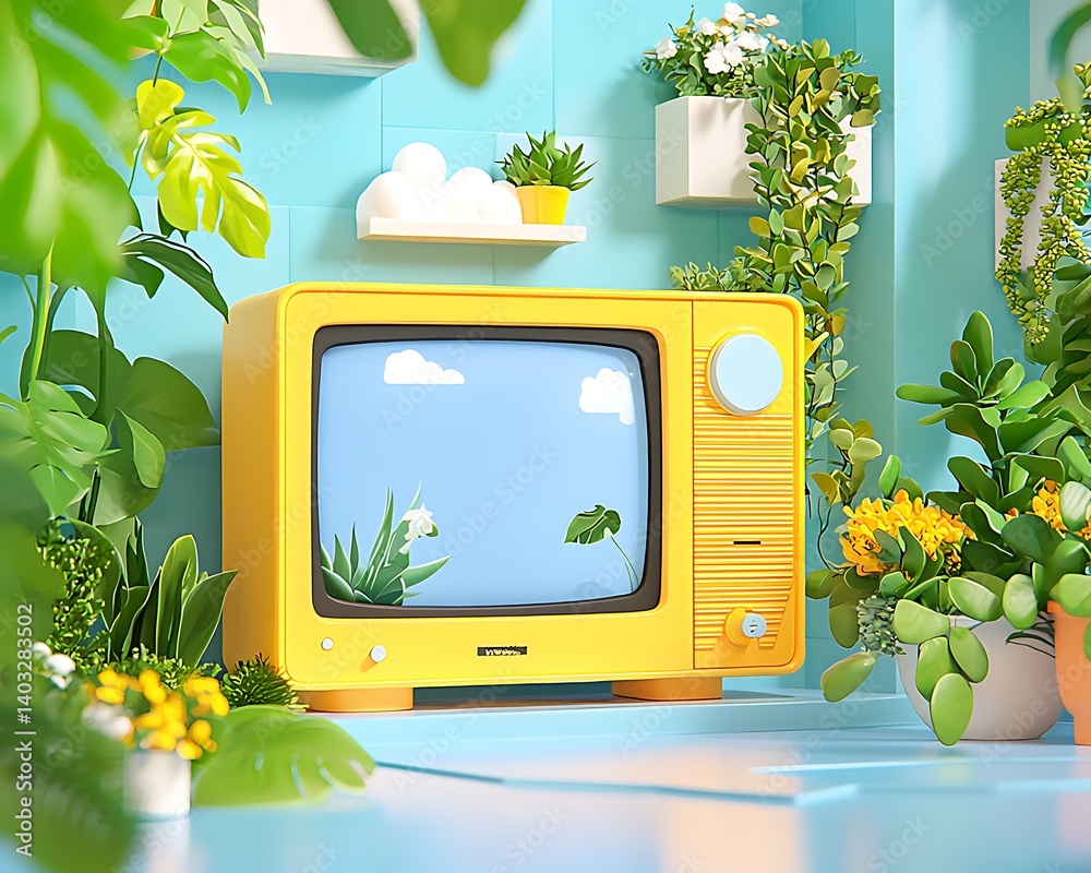 Retro TV, Floral Room, Illustration