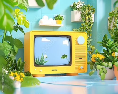 Obraz na płótnie Retro TV, Floral Room, Illustration w salonie