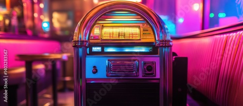 Retro jukebox in vibrant neon-lit bar