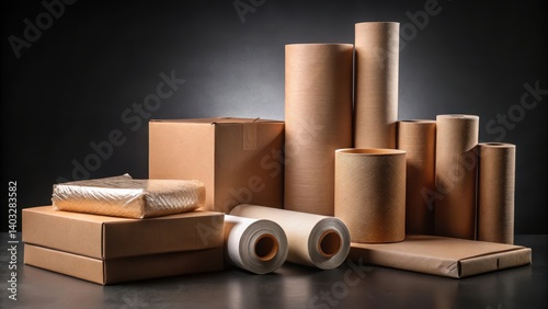 Packing material on dark surface, roll packaging, cardboard packaging