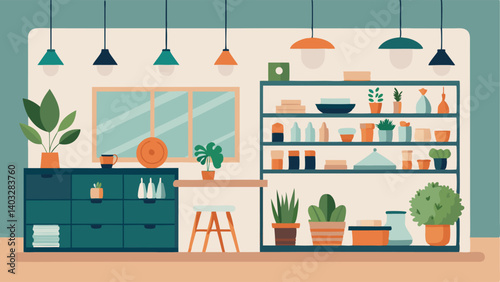 A trendy home goods store with open shelves and hanging plants.