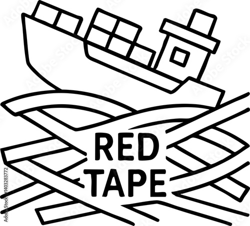 Import Tariffs trade impact concept. Illustration of a ship with red tape symbolizing bureaucracy.