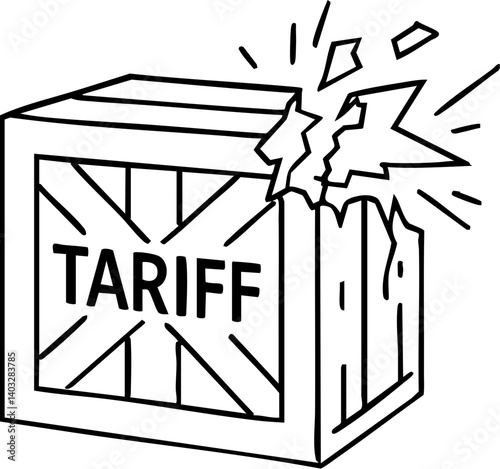 Import Tariffs trade impact concept. Broken crate labeled "TARIFF" with an explosive design element.