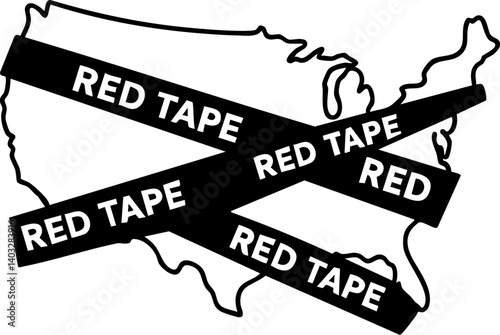 Import Tariffs trade impact concept. USA map with red tape symbolizing bureaucracy and restrictions.