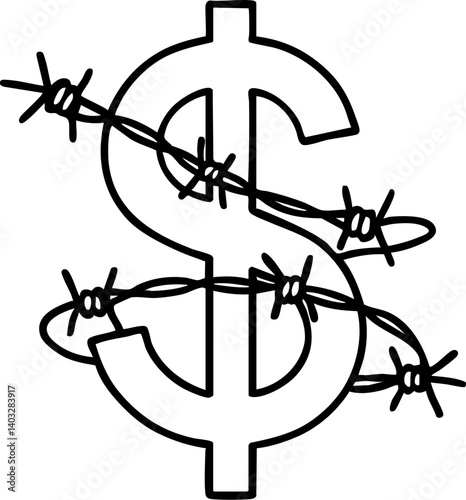 Import Tariffs trade impact concept. A dollar sign entwined with barbed wire.