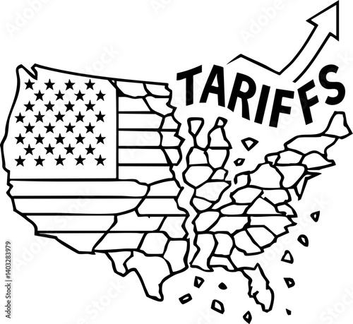 Import Tariffs trade impact concept. Map of the USA with the flag and "TARIFFS" text.