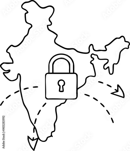 Import Tariffs trade impact concept. Map of India with a padlock symbolizing security and protection.