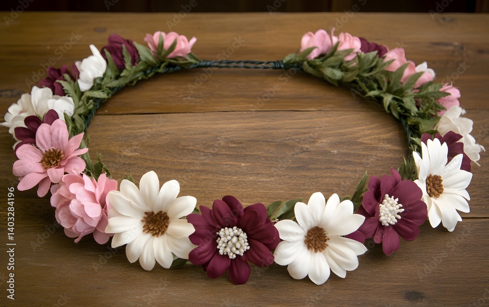 Elegant Floral Head Wreath on Wooden Background Elegant Floral Head Wreath on Wooden Background