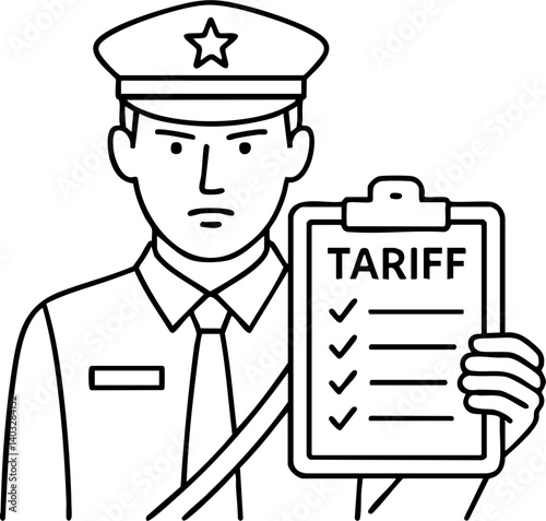 Import Tariffs trade impact concept. Police officer holding a tariff checklist.