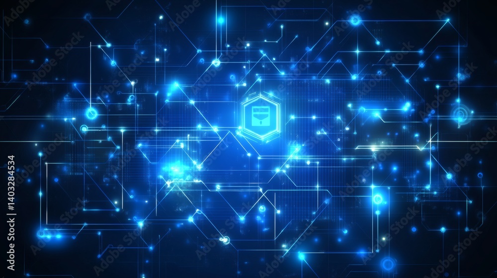 A complex network of glowing blue digital circuits displaying a data storage security icon. A complex network of glowing blue digital circuits displaying a data storage security icon.