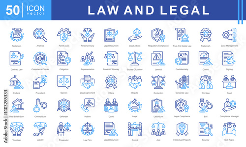 Law and Legal icon set featuring icons for contracts, legal compliance, court proceedings, and professional representation. Ideal for legal services, law firms, and justice-related projects.
