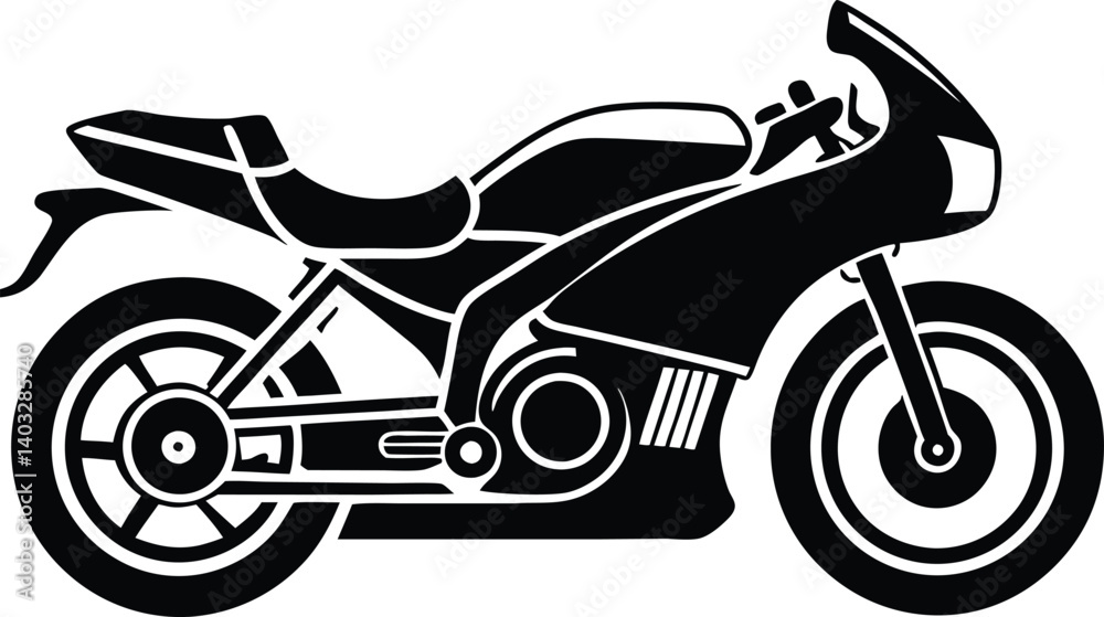 Fototapeta premium Stylized black and white motorcycle vector illustration. Minimalist bike side profile. Sleek aerodynamic motorcycle design.