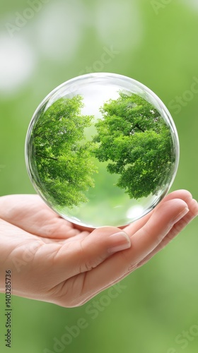 Protecting our planet. A crystal sphere reflecting lush greenery, held gently in a hand, symbolizing care and preservation of the Earth