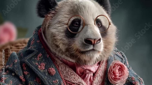 Elegant Panda Dressed in Vintage Floral Jacket with Pink Rose Boutonnière and Round Glasses
