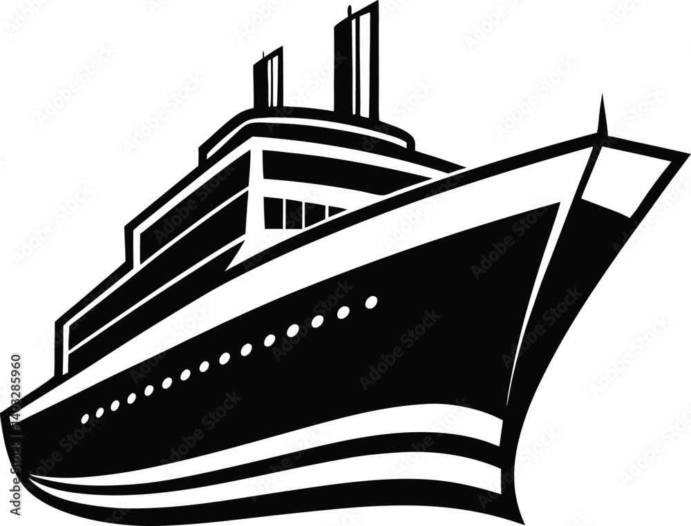 Fototapeta premium Black and white cruise ship low-angle vector illustration. Modern minimalist ship with smokestacks. Bold geometric cruise liner design.