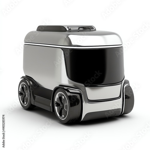 a robotic autonomous haulage vehicle clipart, futuristic cargo tech, metallic tones, isolated on white background