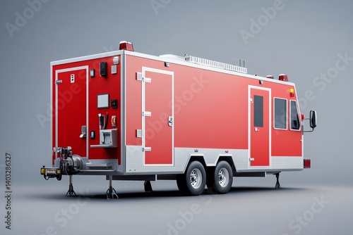 Fire department command trailer with antennas and gear, emergency staging, 3D illustration