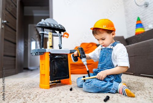 Fényképezés Child exploring tools at home play area