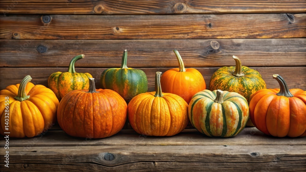 A row of colorful pumpkins arranged in a symmetrical formation on a wooden platform, with some pumpkins slightly overlapping each other , harvest theme , pumpkins A row of colorful pumpkins arranged in a symmetrical formation on a wooden platform, with some pumpkins slightly overlapping each other , harvest theme , pumpkins