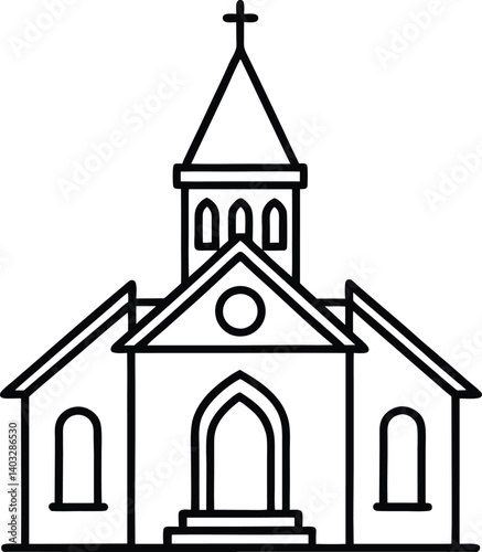Symmetrical church line drawing. Classic religious architecture illustration. Black and white church facade art.
