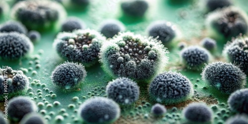 A close-up image of a black mold Aspergillus growing on a damp surface with visible dark greenish-black spores and a white powdery coating , mold development, fungal spores