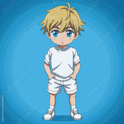 Cheerful Chibi Boy in White Outfit Against Blue Background