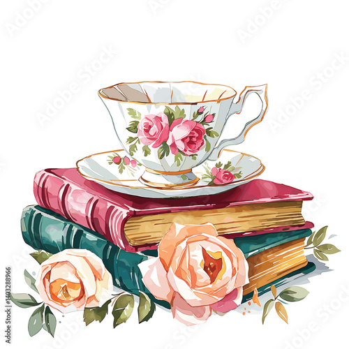Serene Teacup and Vintage Books with Roses