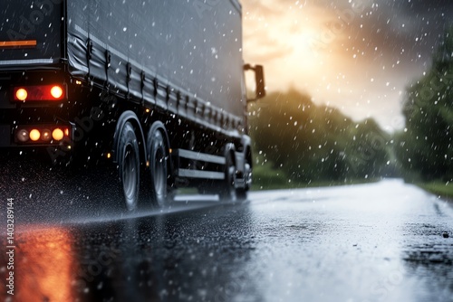 Stormy weather with trailer truck on wet road, tough conditions logistics