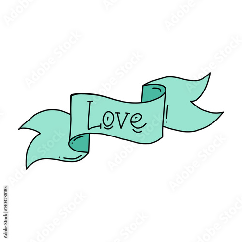Valentine ribbon with LOVE text in hand drawn style. Concept of declaration of love expressed with ribbon carrying word love, perfect for romantic design, dating, or Valentines Day. Romantic vibe
