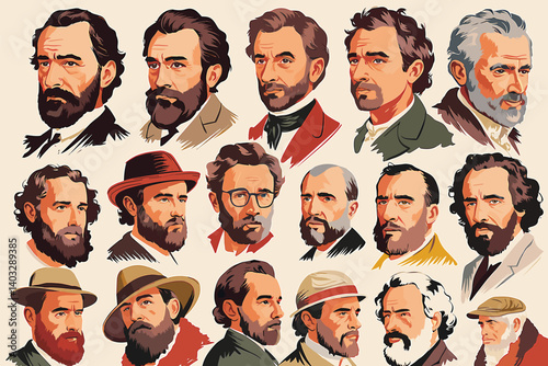 Diverse Historical Portraits of Men in Flat Design