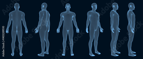 Network forming AI human body set. Technology and robotics concept. Anonymous social masking. Set of human poses. Human body low poly wireframe. Concept: AI, digital technology, cyberpunk, retro