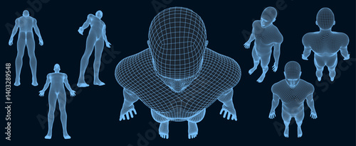 Network forming AI human body set. Technology and robotics concept. Anonymous social masking. Set of human poses. Human body low poly wireframe. Concept: AI, digital technology, cyberpunk, retro