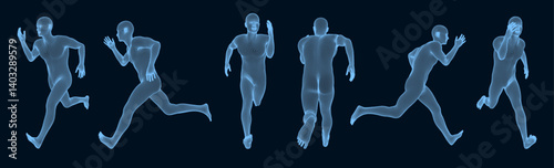 Network forming AI human body set. Technology and robotics concept. Anonymous social masking. Set of human poses. Human body low poly wireframe. Concept: AI, digital technology, cyberpunk, retro