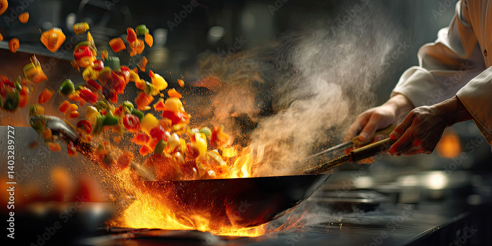 A chef skillfully tossing vegetables in a fiery wok, surrounded by the energetic atmosphere of a restaurant kitchen. A chef skillfully tossing vegetables in a fiery wok, surrounded by the energetic atmosphere of a restaurant kitchen.