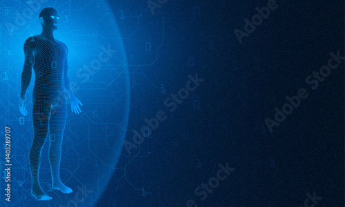 Network forming AI human face. Technology and robotics concept. Anonymous social masking. Cyber crime and security vector. Human body low poly wireframe. Concept: AI, digital technology, cyberpunk