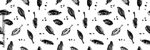 Seamless hand drawn pattern with cardamom pods and seeds. Vintage botanical illustration for packaging, fabric, kitchen decor, and organic product branding.