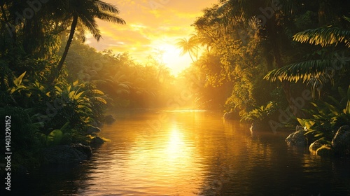 Tropical river sunset, lush jungle, golden light, tranquil scene, travel poster