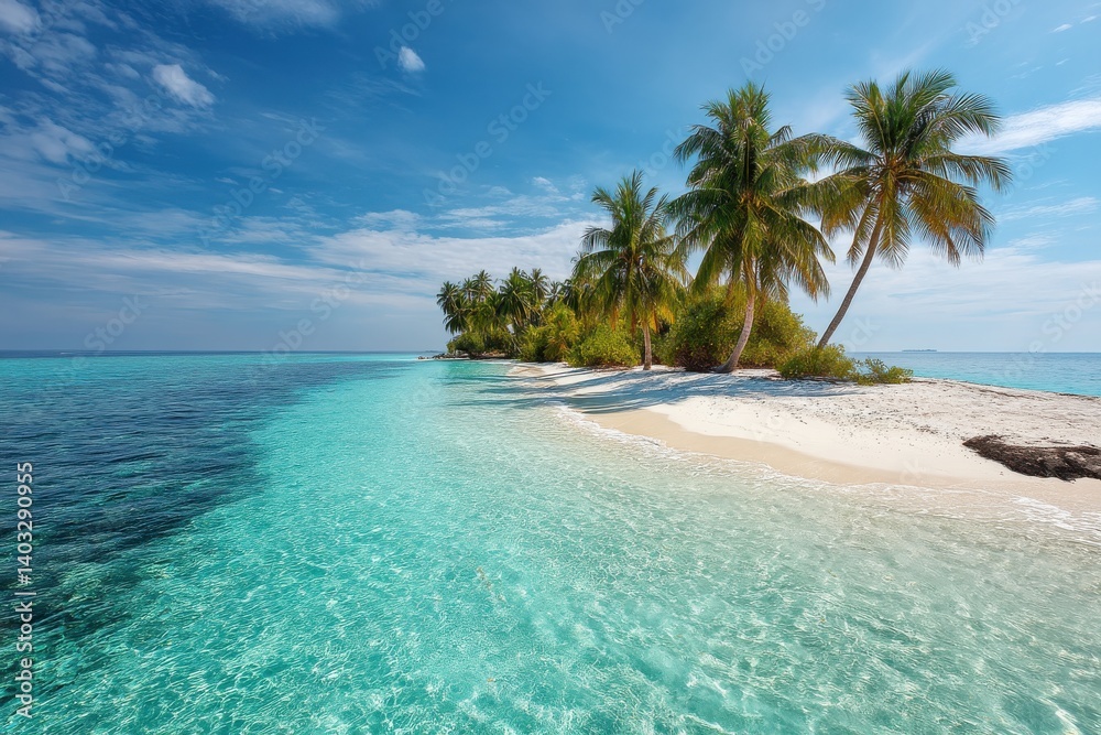 Naklejka premium Tropical paradise: palm trees, white sand, turquoise water.