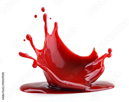 Red ketchup splash on white background - close-up studio shot, isolated drip, sauce texture burst