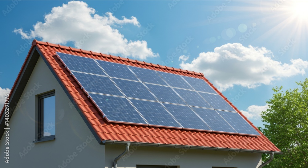 Fototapeta premium Solar panels on a red-tiled house roof under a sunny sky.