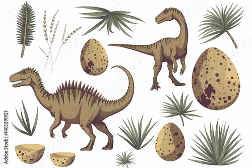 Prehistoric Dinosaurs and Diverse Ancient Flora Collection