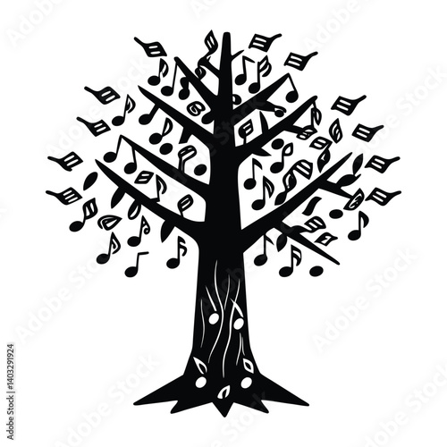 A tree trunk made of musical notes on white background.