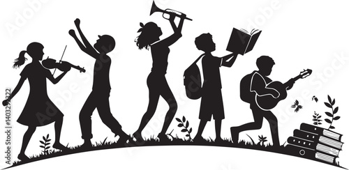 International Day of the Youth clip art, line art, silhouette art, Image, illustration, using solid black color and white background