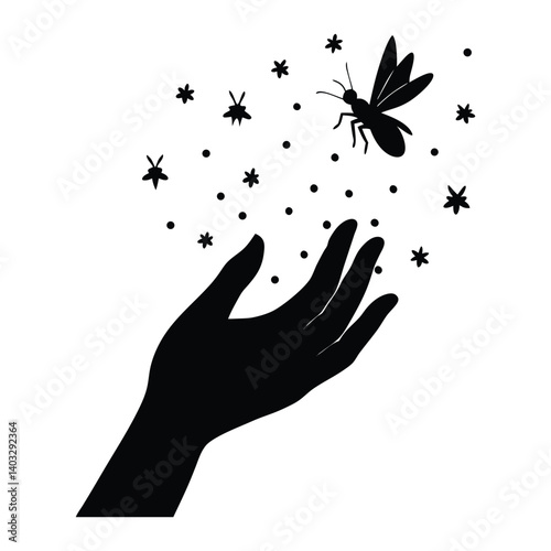A silhouette of a hand catching fireflies on white background.