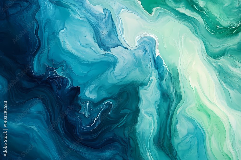 Fototapeta premium Abstract blue and green fluid art painting, swirling marbled texture with oceanic and aqua tones for modern artistic backgrounds 
