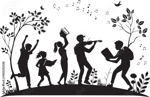 International Day of the Youth clip art, line art, silhouette art, Image, illustration, using solid black color and white background