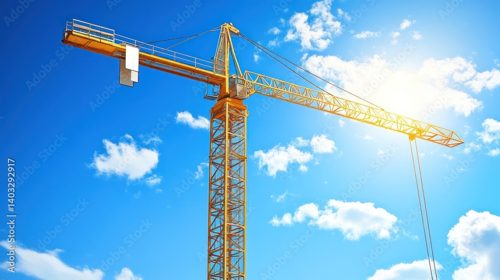 A towering yellow construction crane against a vibrant blue sky. A towering yellow construction crane against a vibrant blue sky.