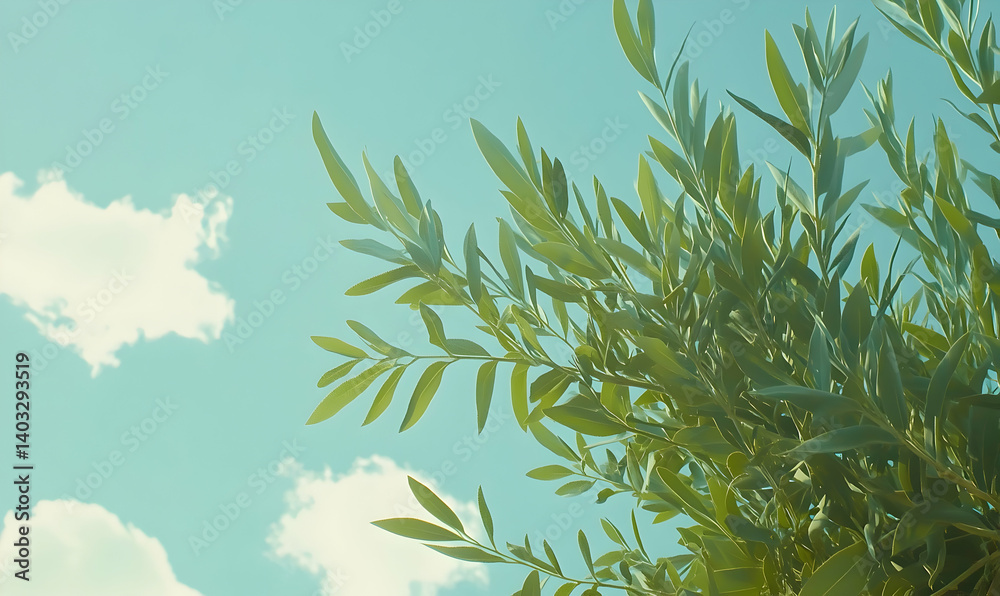 Fototapeta premium Close-up view of lush green leaves against a bright blue sky with fluffy white clouds in the background