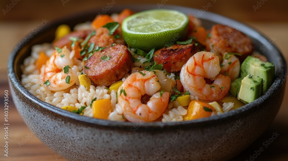 Savory bowl of rice, shrimp, and chorizo Savory bowl of rice, shrimp, and chorizo