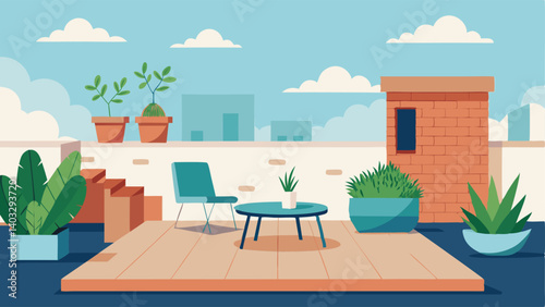 A rooftop patio with minimalistic outdoor furniture and potted plants.
